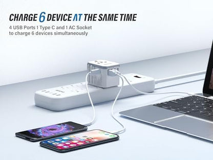 EPICKA Universal Travel Adapter, European Travel Plug Adapter - International Power Adapter Worldwide Charger with USB-C & 4 USB-A Ports, Travel Essentials for Italy, Japan, Europe, UK (TA-105, White)