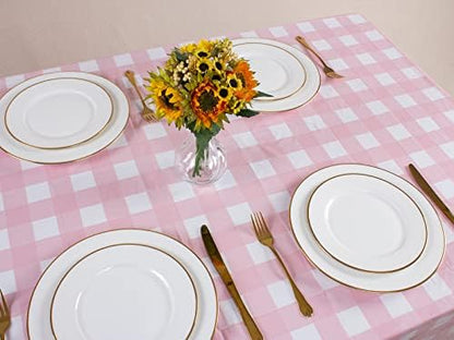 Kesfey 8 Packs Pink and White Checkered Tablecovers 54 x 108 Inches Disposable Party Picnic Table Cloth SpillProof Plastic Gingham Tablecovers for Camping Decoration Party Favors