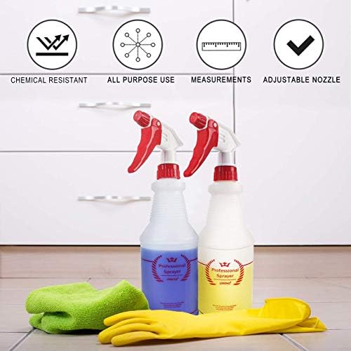Plastic Spray Bottle (4 Pack, 32 Oz, All-Purpose) Heavy Duty Spraying Bottles Leak Proof Mist Empty Water Bottle for Cleaning Solution Planting Pet with Adjustable Nozzle and Measurements