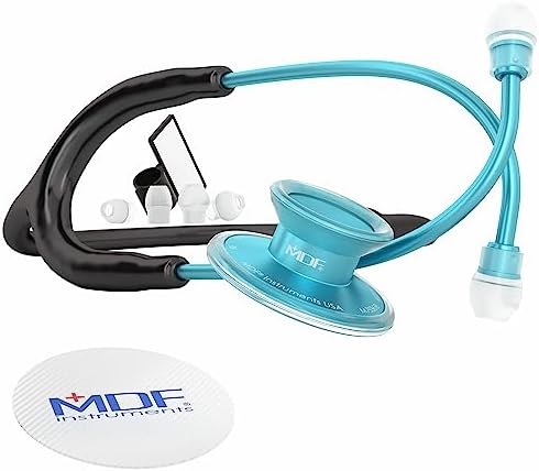 MDF Instruments, Acoustica Lightweight Stethoscope for Doctors, Nurses, Students, Home Health Use, Adult, Dual Head, Black Tube, Aqua Chestpiece-Headset, MDF747XPAQ11