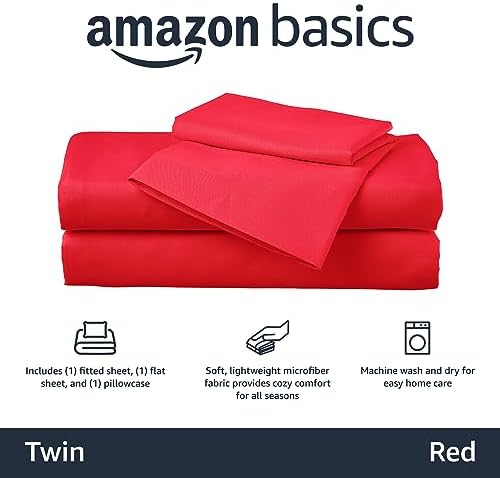 Amazon Basics Kid's Soft Easy-Wash Lightweight Microfiber 3-Piece Sheet Set, Twin, Red, Solid
