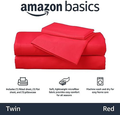 Amazon Basics Kid's Soft Easy-Wash Lightweight Microfiber 3-Piece Sheet Set, Twin, Red, Solid