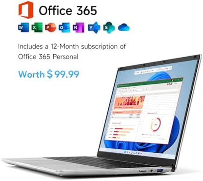 15.6 Inch Laptop with Office 365, 4GB RAM, 128GB Storage Expandable 1TB, 5205U Processor, HD Display, Windows 11 Laptops Computer, Wi-Fi 5, BT4.2, Numpad, Type-C, for Business and Students.