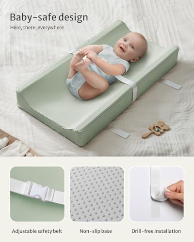 Blissful Diary Vegan Leather Baby Changing Pad with Waterproof & Wipe-Clean PU Cover, Standard Size Cozy Diaper Changing Pad for Dresser and Table, Light Green