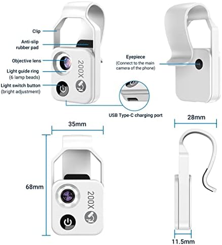 200X Phone Mini Pocket Microscope with LED Light/Universal Clip, Nano Zoom Portable Digital Microscope Camera Attachments for 99% Smartphone, Microworld for Kids Adults (White 200X with CPL)