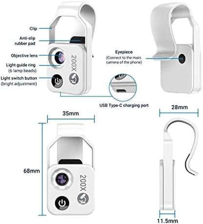 200X Phone Mini Pocket Microscope with LED Light/Universal Clip, Nano Zoom Portable Digital Microscope Camera Attachments for 99% Smartphone, Microworld for Kids Adults (White 200X with CPL)