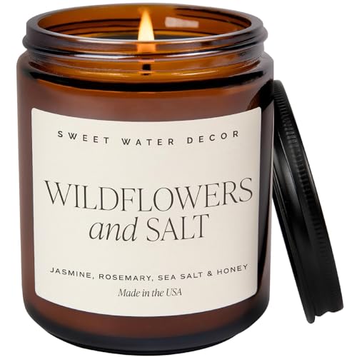 Sweet Water Decor Wildflowers and Salt Soy Candle - Jasmine, Rosemary, Honey, Sea Salt Scented Spring Candles for Home - 9oz Amber Jar + Black Lid, 40+ Hour Burn Time, Made in The USA