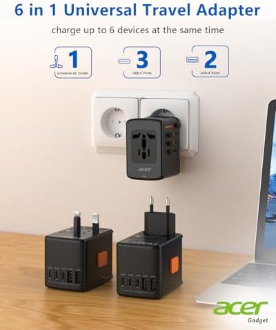 Acer Universal Travel Plug Adapter - International Power Adapter with 5 USB Ports (3 USB C) 5.8A, Worldwide Outlet Charger for USA to European UK France Germany Spain, Type C/E/F/G/I/L/A, Black