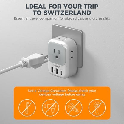Switzerland Power Adapter 2 Pack, TESSAN Type J Adaptor with 4 Outlets 3 USB Charging Ports(1 USB C), Swiss Travel Plug for US to Switzerland, Liechtenstein, Rwanda