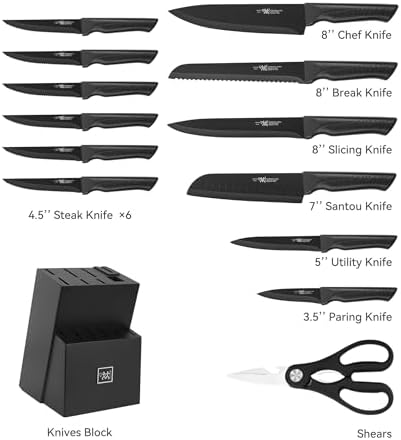 Knife Set, 15 Pcs Kitchen Knife Set with Block Self Sharpening, Dishwasher Safe, 6 Steak Knives, Anti-slip handle, Black