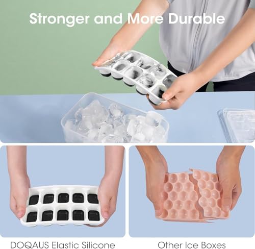 DOQAUS Ice Cube Tray with Lid and Bin, 4 Pack Silicone Plastic Ice Cubes Trays for Freezer with Box/Container, Stackable with Storage Iced Bucket Kits, Scoop, for RV, Soup, Food, Cocktail, Coffee