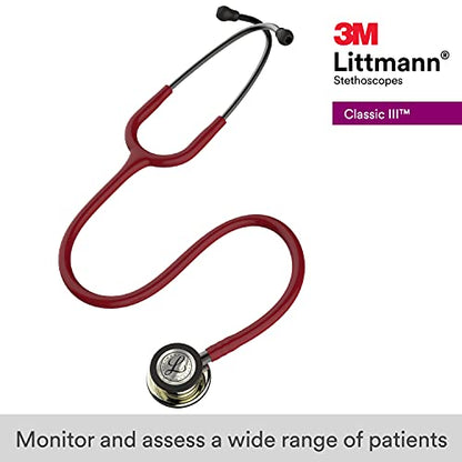 3M Littmann Classic III Monitoring Stethoscope, 5864, More Than 2X as Loud, Weighs Less, Stainless Steel Champagne-Finish Chestpiece, 27" Burgundy Tube, Smoke Stem, and Headset