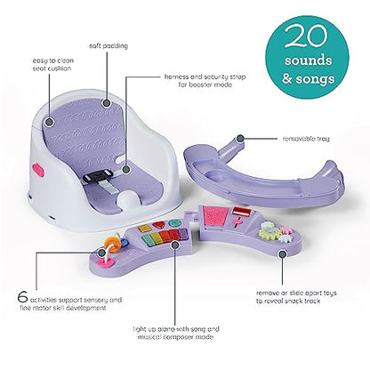 Infantino Music & Lights 3-in-1 Discovery Seat & Booster, Toddler Booster Seat for Dining Table or Kitchen Chair, Baby Activity Center & Snack Tray, Lavender