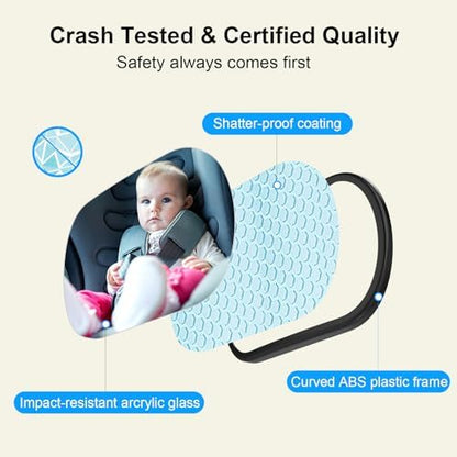 Baby Car Mirror, Safety Car Seat Mirror for Rear Facing Infant, Clear Wide View, 360°Rotation, Easily Observe the Baby Move, Secure, Shatterproof, Crash Tested and Certified (2-Pack)