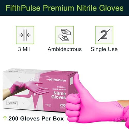 FifthPulse Fuchsia Hot Pink Nitrile Disposable Gloves - 3 Mil Nitrile - Powder and Latex Free - Surgical Medical Exam Gloves