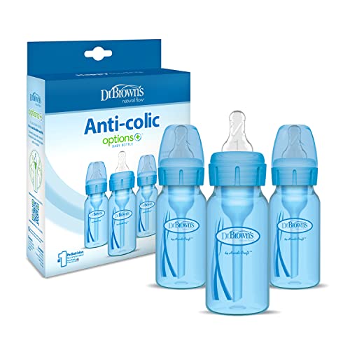 Dr. Brown’s Natural Flow® Anti-Colic Options+™ Narrow Baby Bottles 4 oz/120 mL, with Level 1 Slow Flow Nipple, 3 Pack, 0m+ Blue