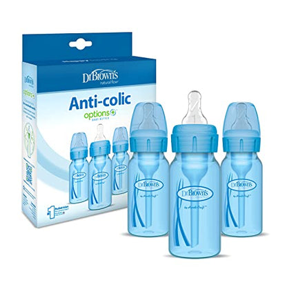Dr. Brown’s Natural Flow® Anti-Colic Options+™ Narrow Baby Bottles 4 oz/120 mL, with Level 1 Slow Flow Nipple, 3 Pack, 0m+ Blue