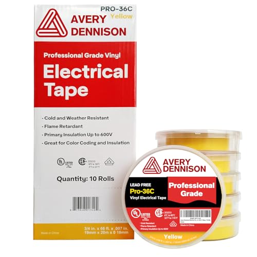 Electrical Tape, 10 Rolls Professional Grade PVC Electric Tape, UL/CSA Listed ¾ in x 66 ft Insulating Vinyl Tape for Electrical, Repairs, Automotive and Equipment, Pro-36C, Yellow