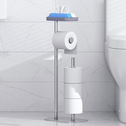 Kitsure Toilet Paper Holder Free Standing – Rustproof Metal Toilet Paper Stand for 4 Rolls with Anti-Slip Base and Shelf for Phone & Small Items, Bathroom Organizers and Storage, Large, Silver