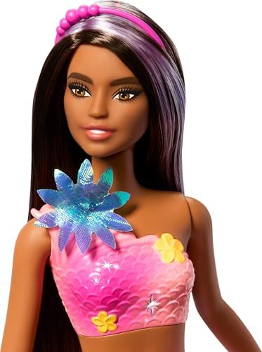 Barbie Mermaid Toy Dolls with Surprise Magic Blooming Flowers Feature, Ombre Tails, Pearl Headband Accessory & Long Brown Hair with Purple Highlights
