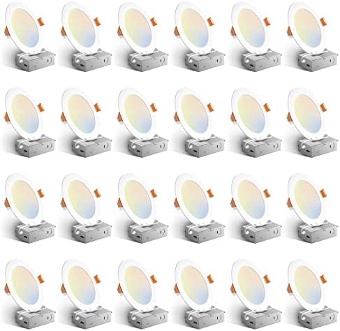 Amico 24 Pack 6 Inch 5CCT Ultra-Thin LED Recessed Ceiling Light with Junction Box, 1050LM Brightness, Dimmable Canless Wafer Downlight, 12W, ETL&FCC