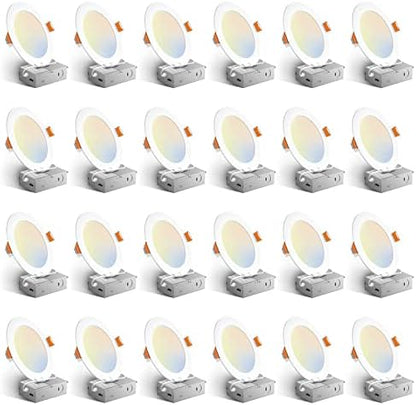 Amico 24 Pack 6 Inch 5CCT Ultra-Thin LED Recessed Ceiling Light with Junction Box, 1050LM Brightness, Dimmable Canless Wafer Downlight, 12W, ETL&FCC