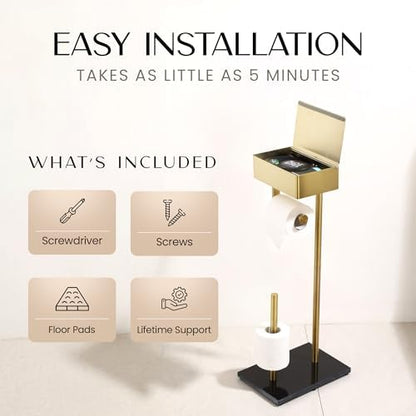Day Moon™ Gold Toilet Paper Holder Free Standing Toilet Paper Holder with Storage - Toilet Paper Stand and Tissue Holder for Bathroom - Toilet Paper Holder with Shelf and Wipe Holder