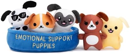 WHAT DO YOU MEME? Emotional Support Puppies by Relatable, Cuddly Stuffed Animals, Plushies, and Cute Stuff, Great Gift Ideas for Loved Ones of All Ages, Includes 5 Plushies with Carrying Basket