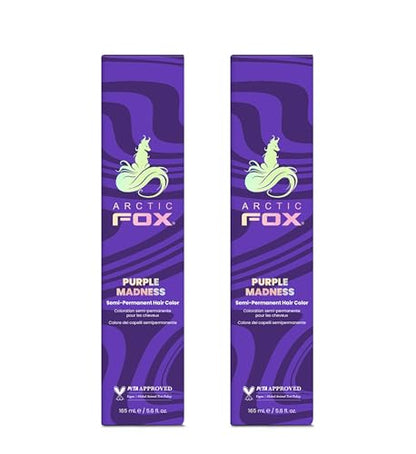Arctic Fox Semi-Permanent Hair Color, Purple Madness, Vegan & Cruelty-Free, Ammonia-Free, Hydrating Formula, Vibrant Purple Hair Dye for All Hair Types, 5.6 Fl Oz (Pack of 2)