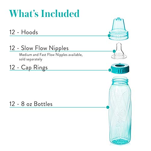 Evenflo Feeding Baby Bottles, Standard Neck, 8 Ounce | Tinted Plastic | Pink/Lavender/Teal | Pack of 36