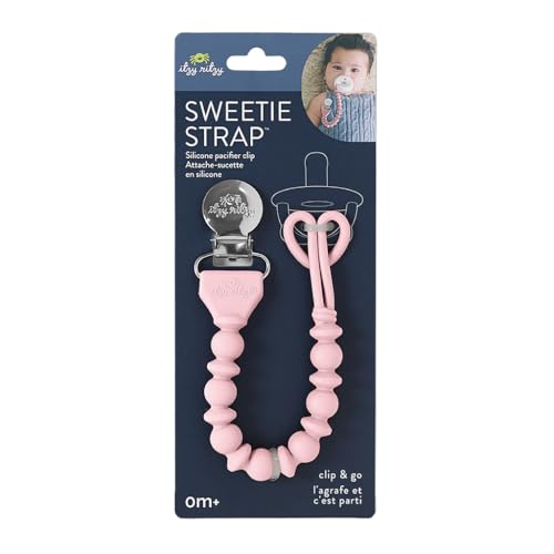 Itzy Ritzy Silicone Pacifier Clip; 100% Food Grade Silicone Pacifier Strap with Clip Keeps Pacifiers, Teethers & Small Toys in Place; Features One-Piece Design & Cord (Pink with Silver Clasp)