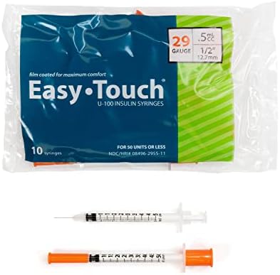Easy Touch U-100 Insulin Syringe with Needle, 29G 0.5cc 1/2-Inch (12.7mm), Box of 100