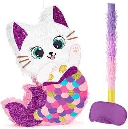WERNNSAI Cat Piñata - Kitten Mermaid Birthday Party Decorations Kids Mermaid Pinata with Blindfold and Bat for Girls Summer Under the Sea Birthday Party Supplies Game Set