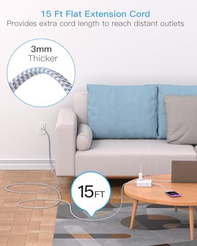 Surge Protector Power Strip 15 Ft Cord, Ultra Thin Flat Extension Cord with 8 Outlets 4 USB Ports(2 USB C), Flat Plug Power Strip, 15 Ft Long Braided Power Cord for Home, Office, Dorm Room Essentials