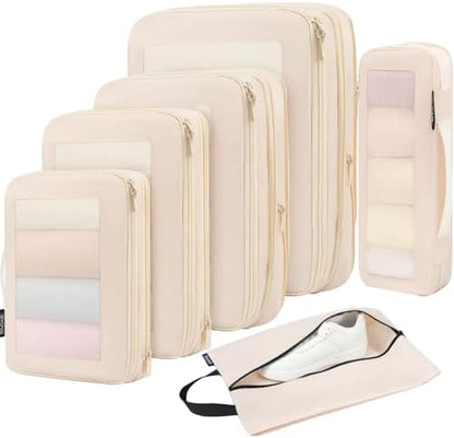 BAGAIL 4 Set/6 Set/8 Set Compression Packing Cubes Travel Accessories Expandable Packing Organizers (Square Mesh, 05-Beige)