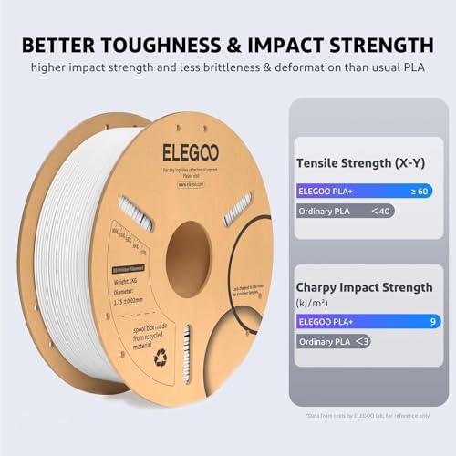 ELEGOO PLA Plus Filament 1.75mm White 2KG, PLA+ Tougher and Stronger 3D Printer Filament Dimensional Accuracy +/- 0.02mm, 2 Pcs 1kg Spool(2.2lbs) Fits for Most FDM 3D Printers