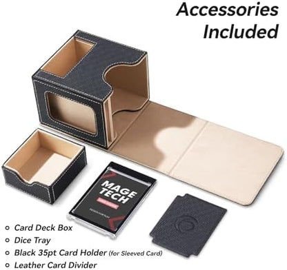 Card Deck Box for MTG Commander - Patented Design, Commander Display, Fits 100 Double-Sleeved Cards, 35pt Card Brick & Dice Tray - Black/Pale Gold
