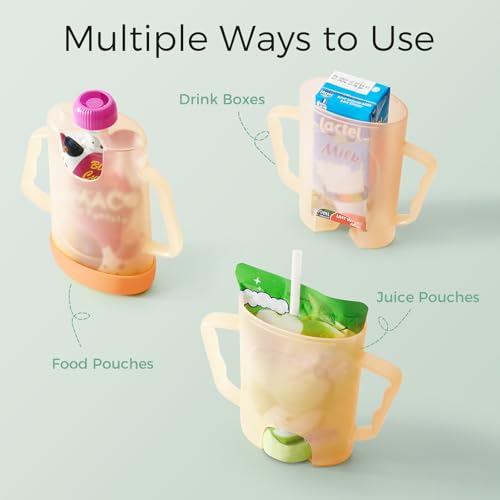 Momcozy Squeeze Pouch Holder for Food Pouches and Drink Boxes, Baby Pouch Holder Allows Baby to Self-feed and Avoid Messes, Baby Food Pouch Holder Handle is Easy to Grip, Comfortable, Green&Orange