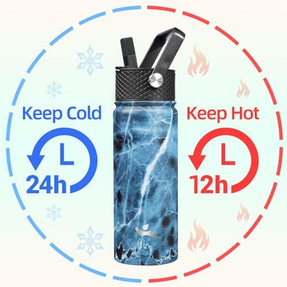 18 oz Insulated Water Bottle Stainless Steel Sport Bottles with 3 Lids,Marble Ocean