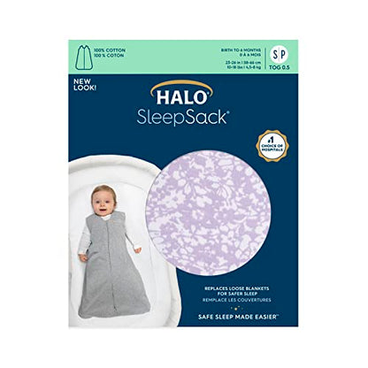 HALO SleepSack, 100% Cotton Wearable Blanket, Swaddle Transition Sleeping Bag, TOG 0.5, Aster Flowers-purple, Small, 0-6 Months