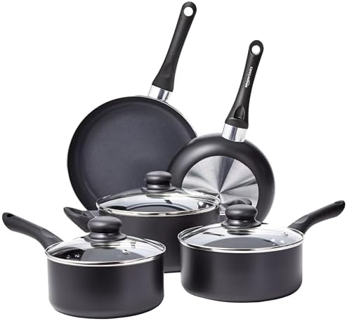 Amazon Basics Non Stick Kitchen Cookware 8-Piece Set, Non-Induction, Includes Pots and Pans, Black
