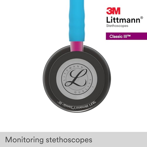 3M Littmann Classic III Monitoring Stethoscope, 5872, More Than 2X as Loud, Weighs Less, Stainless Steel Smoke-Finish Chestpiece, 27" Turquoise Tube, Pink Stem, and Smoke Headset