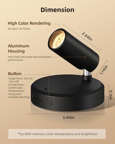 EZVALO Spotlights Indoor with Remote, 5500mAh Rechargeable Picture Lights, Wireless LED Uplighting with Timer＆Dimmable, 3CCT, Display Lights for Plant Painting, Artwork, Accent Lighting (2Pack-Black)