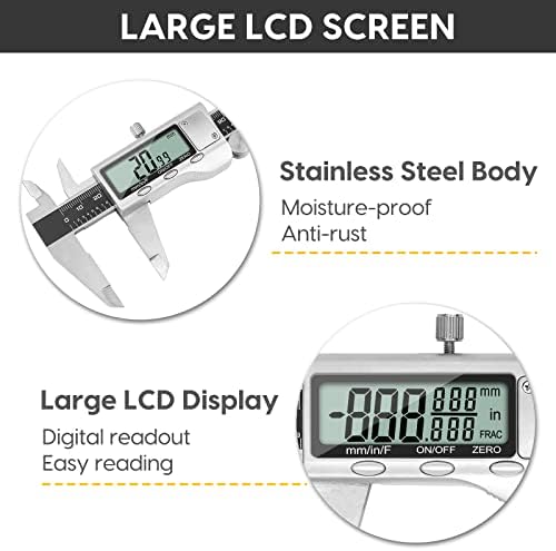 Digital Caliper Measuring Tool, 6 Inch Caliper Tool with Large LCD Screen, Easy Switch from Inch Millimeter Fraction, Stainless Steel Vernier Caliper Digital Micrometer for DIY/Household