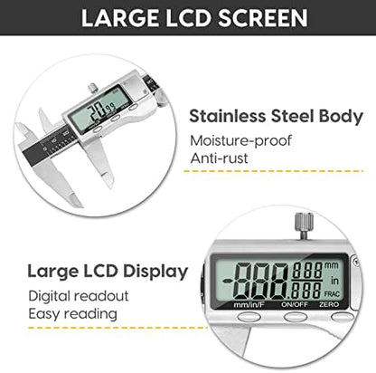 Digital Caliper Measuring Tool, 6 Inch Caliper Tool with Large LCD Screen, Easy Switch from Inch Millimeter Fraction, Stainless Steel Vernier Caliper Digital Micrometer for DIY/Household