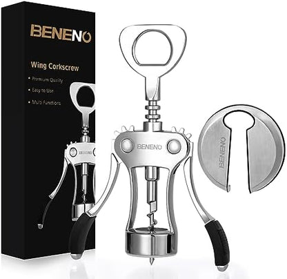 Beneno Wine Opener with Stainless Steel Wine Foil Cutter - Bottle Top Seal Cutter, Zinc Alloy Premium Wing Corkscrew with Multifunctional Bottles Opener, Upgrade