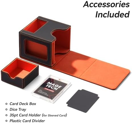 Card Deck Box for MTG Commander - Patented Design, Commander Display, Fits 100 Double-Sleeved Cards, 35pt Card Brick & Dice Tray - Grey/Orange