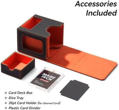 Card Deck Box for MTG Commander - Patented Design, Commander Display, Fits 100 Double-Sleeved Cards, 35pt Card Brick & Dice Tray - Grey/Orange