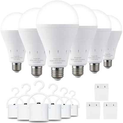 6 Pack Rechargeable Emergency Light Bulbs, Battery Powered Energy Efficient LED Light Bulb 6000K Daylight E26 120 Volt 9W 60W Equivalent with 1200mAh for Home Power Outage Camping Hurricane