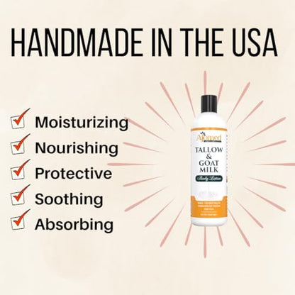 Grass Fed Beef Tallow & Goat Milk Body Lotion for Sensitive Skin, Organic Tallow moisturizer- Soothes Dry Patches, Goat Milk Moisturizer - Handmade Tallow Body Lotion (Oatmeal & Honey, 12 Oz)